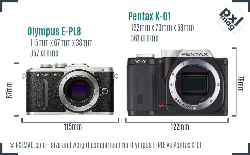 Olympus E-PL8 vs Pentax K-01 size comparison
