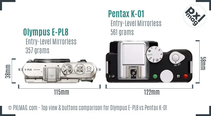 Olympus E-PL8 vs Pentax K-01 top view buttons comparison