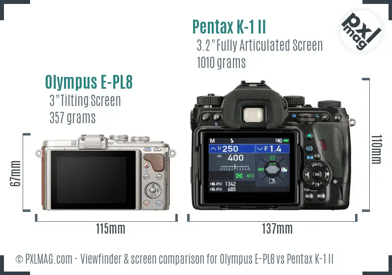 Olympus E-PL8 vs Pentax K-1 II Screen and Viewfinder comparison