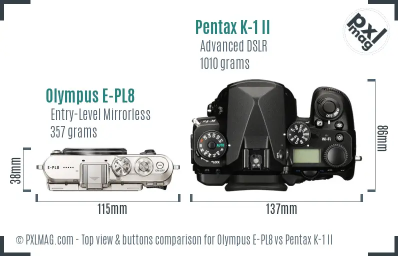 Olympus E-PL8 vs Pentax K-1 II top view buttons comparison