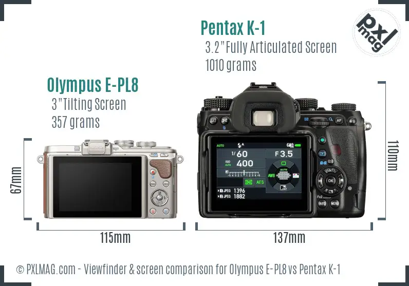Olympus E-PL8 vs Pentax K-1 Screen and Viewfinder comparison
