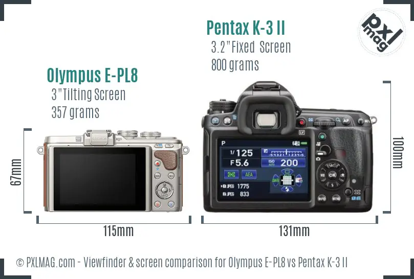 Olympus E-PL8 vs Pentax K-3 II Screen and Viewfinder comparison