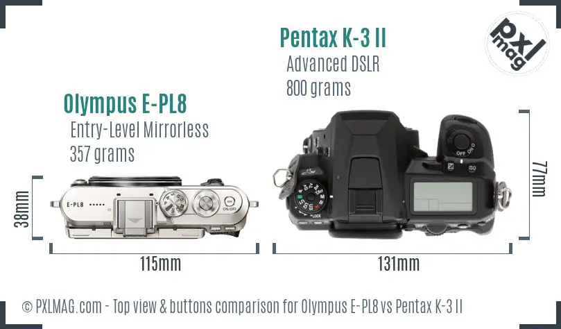 Olympus E-PL8 vs Pentax K-3 II top view buttons comparison