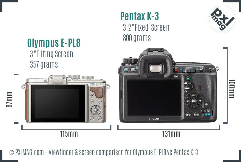 Olympus E-PL8 vs Pentax K-3 Screen and Viewfinder comparison