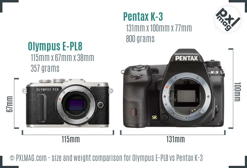 Olympus E-PL8 vs Pentax K-3 size comparison
