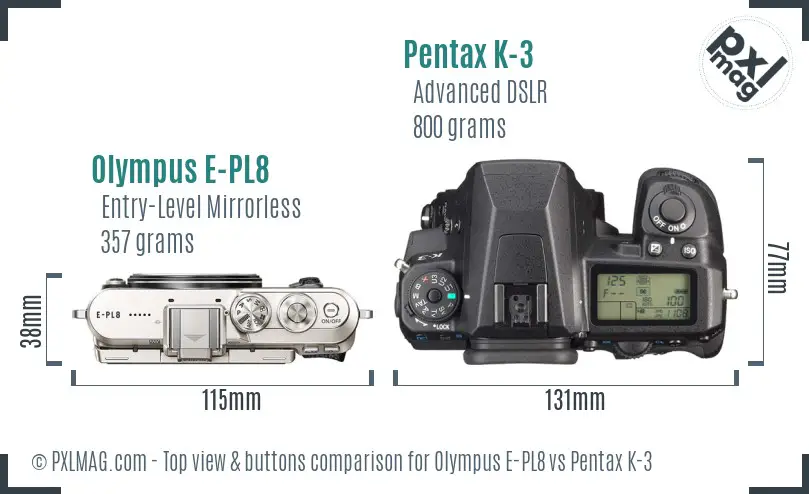 Olympus E-PL8 vs Pentax K-3 top view buttons comparison