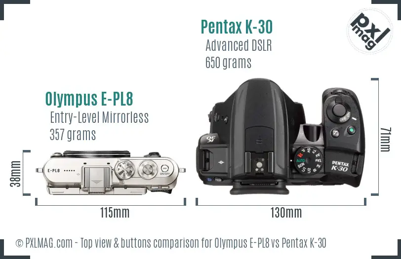 Olympus E-PL8 vs Pentax K-30 top view buttons comparison