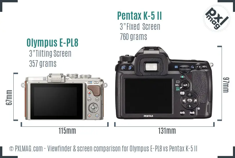 Olympus E-PL8 vs Pentax K-5 II Screen and Viewfinder comparison