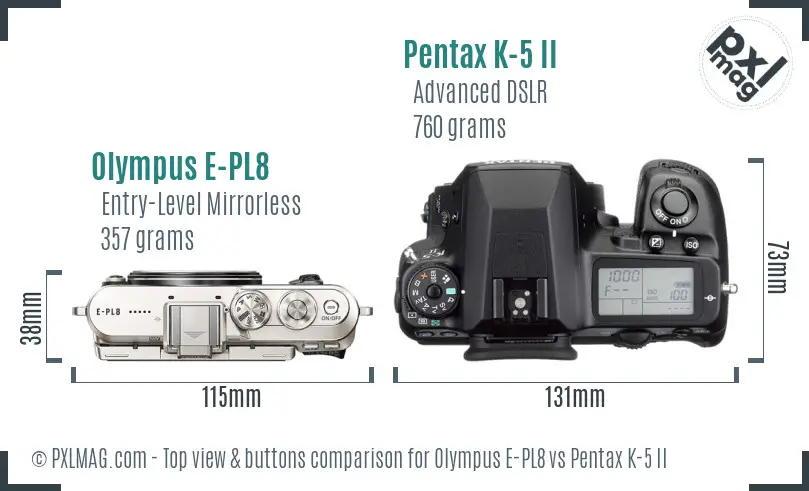 Olympus E-PL8 vs Pentax K-5 II top view buttons comparison