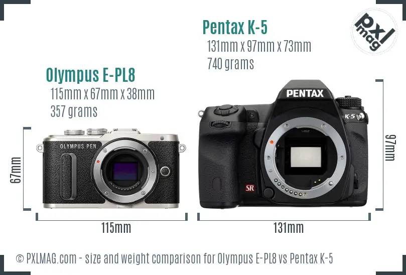 Olympus E-PL8 vs Pentax K-5 size comparison