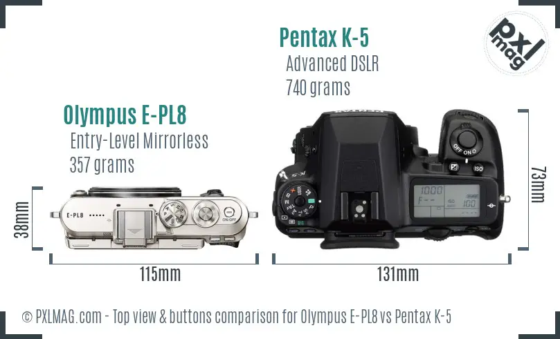 Olympus E-PL8 vs Pentax K-5 top view buttons comparison