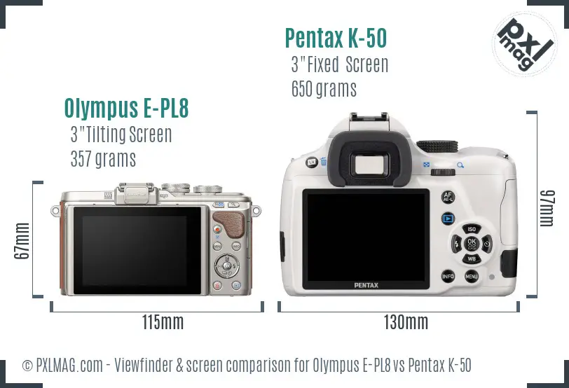 Olympus E-PL8 vs Pentax K-50 Screen and Viewfinder comparison