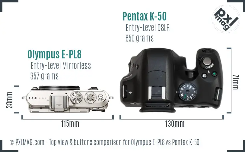 Olympus E-PL8 vs Pentax K-50 top view buttons comparison
