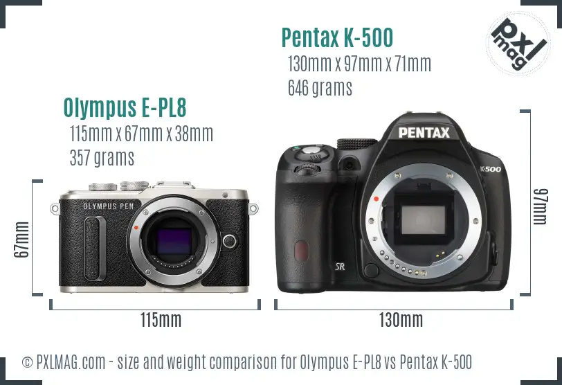 Olympus E-PL8 vs Pentax K-500 size comparison