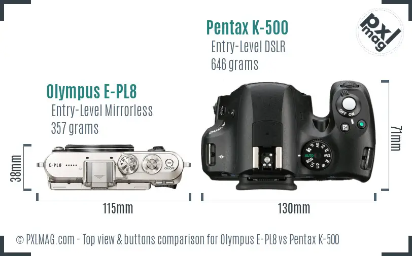 Olympus E-PL8 vs Pentax K-500 top view buttons comparison