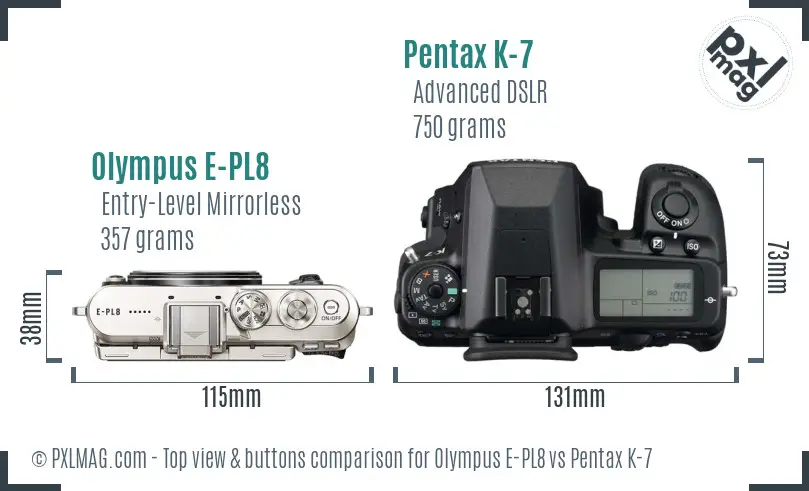 Olympus E-PL8 vs Pentax K-7 top view buttons comparison
