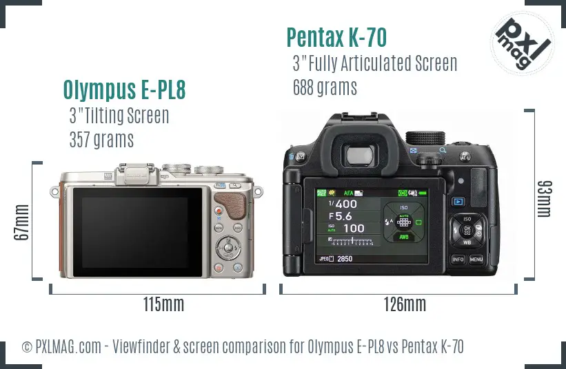 Olympus E-PL8 vs Pentax K-70 Screen and Viewfinder comparison
