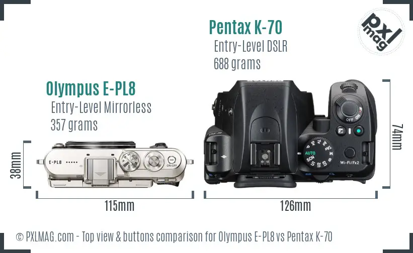 Olympus E-PL8 vs Pentax K-70 top view buttons comparison