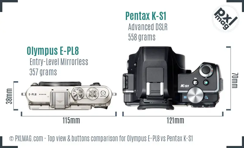 Olympus E-PL8 vs Pentax K-S1 top view buttons comparison