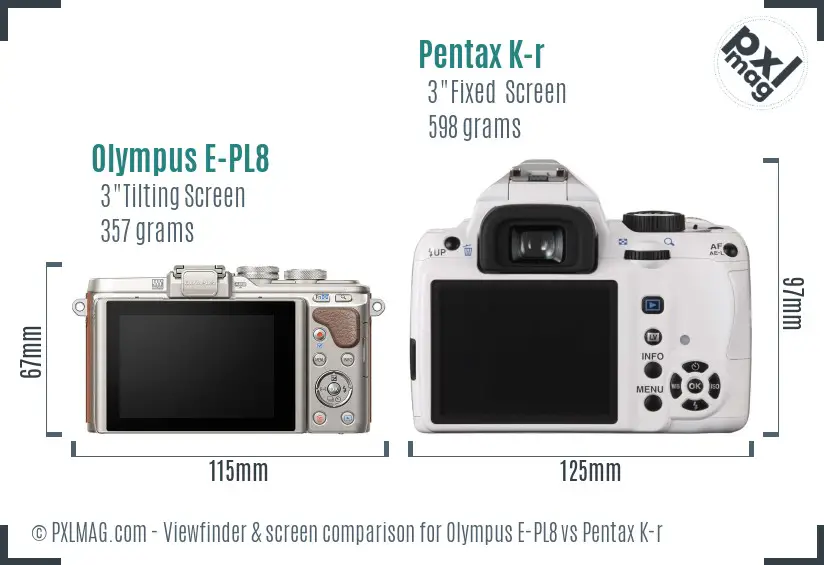 Olympus E-PL8 vs Pentax K-r Screen and Viewfinder comparison