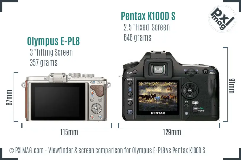 Olympus E-PL8 vs Pentax K100D S Screen and Viewfinder comparison