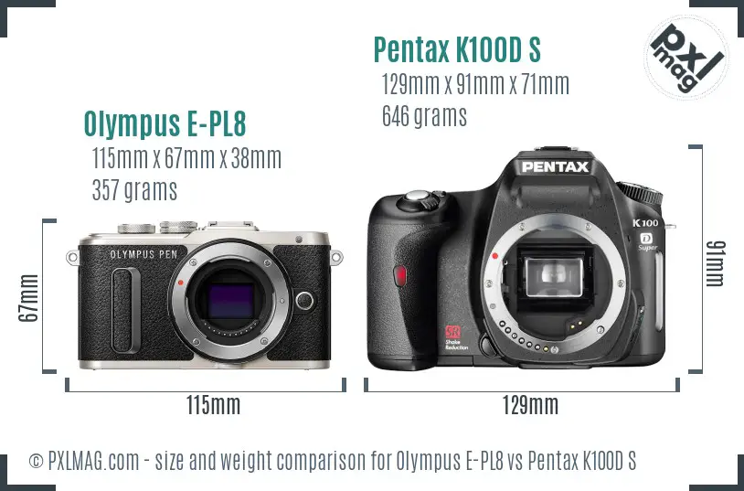 Olympus E-PL8 vs Pentax K100D S size comparison