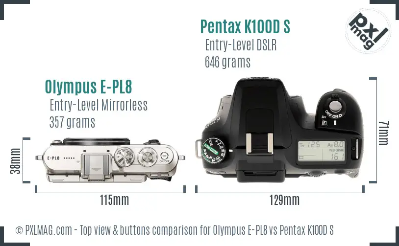 Olympus E-PL8 vs Pentax K100D S top view buttons comparison