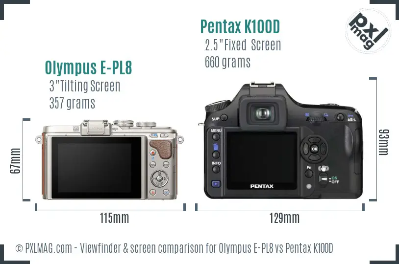 Olympus E-PL8 vs Pentax K100D Screen and Viewfinder comparison