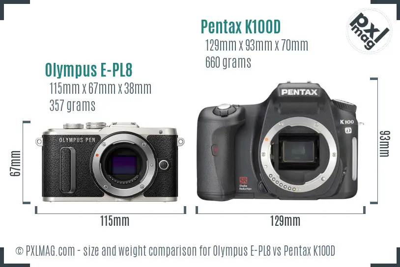 Olympus E-PL8 vs Pentax K100D size comparison