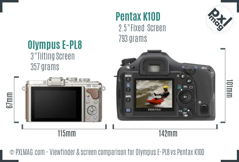 Olympus E-PL8 vs Pentax K10D Screen and Viewfinder comparison