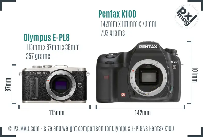 Olympus E-PL8 vs Pentax K10D size comparison