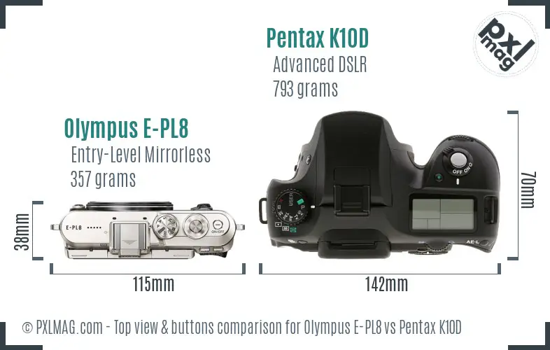 Olympus E-PL8 vs Pentax K10D top view buttons comparison