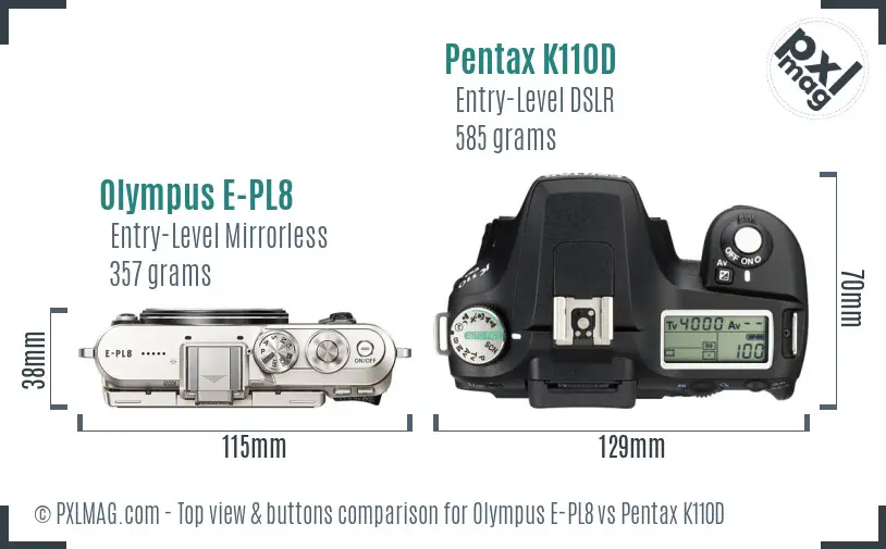 Olympus E-PL8 vs Pentax K110D top view buttons comparison