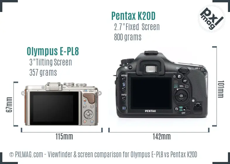 Olympus E-PL8 vs Pentax K20D Screen and Viewfinder comparison