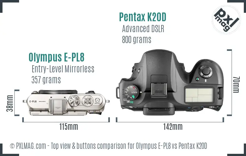 Olympus E-PL8 vs Pentax K20D top view buttons comparison
