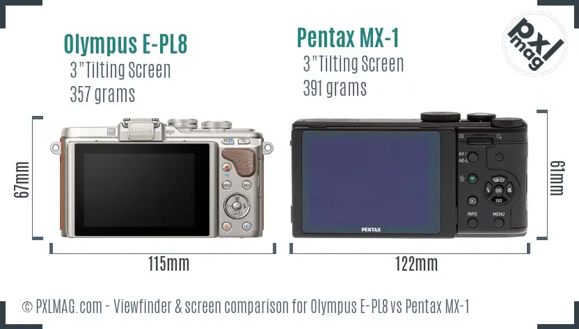Olympus E-PL8 vs Pentax MX-1 Screen and Viewfinder comparison