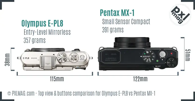 Olympus E-PL8 vs Pentax MX-1 top view buttons comparison