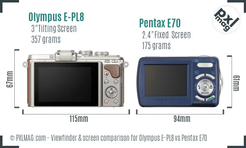 Olympus E-PL8 vs Pentax E70 Screen and Viewfinder comparison