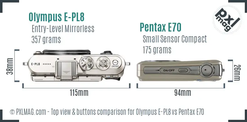Olympus E-PL8 vs Pentax E70 top view buttons comparison