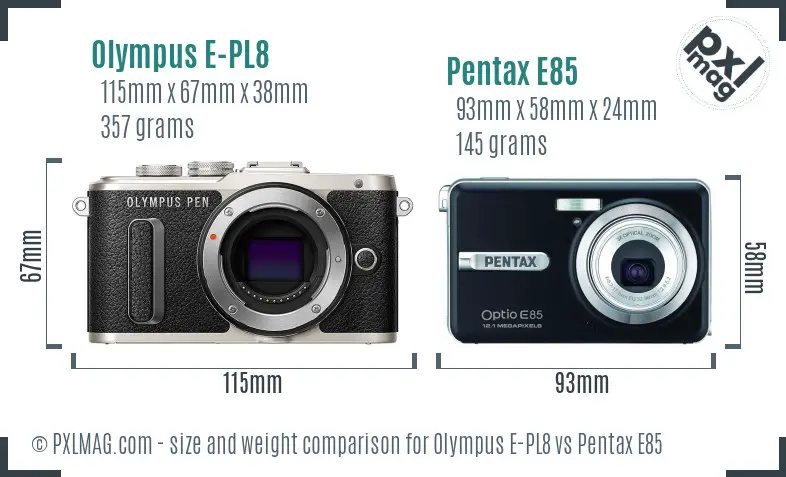 Olympus E-PL8 vs Pentax E85 size comparison