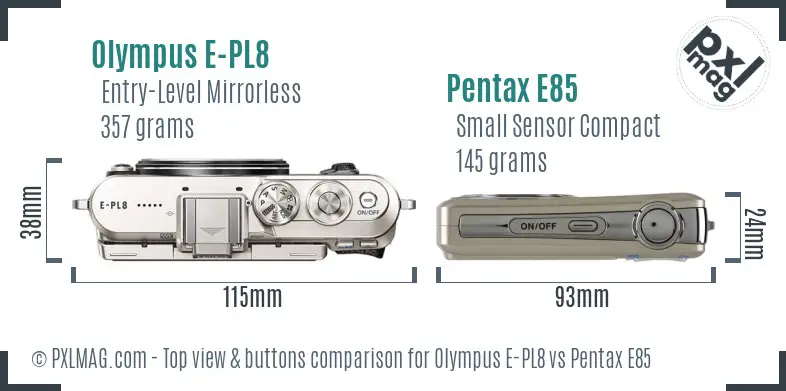 Olympus E-PL8 vs Pentax E85 top view buttons comparison