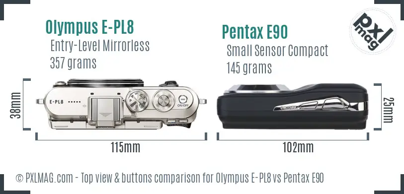 Olympus E-PL8 vs Pentax E90 top view buttons comparison