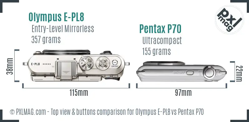 Olympus E-PL8 vs Pentax P70 top view buttons comparison
