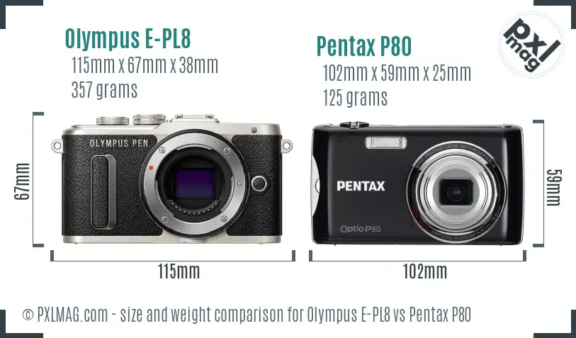 Olympus E-PL8 vs Pentax P80 size comparison