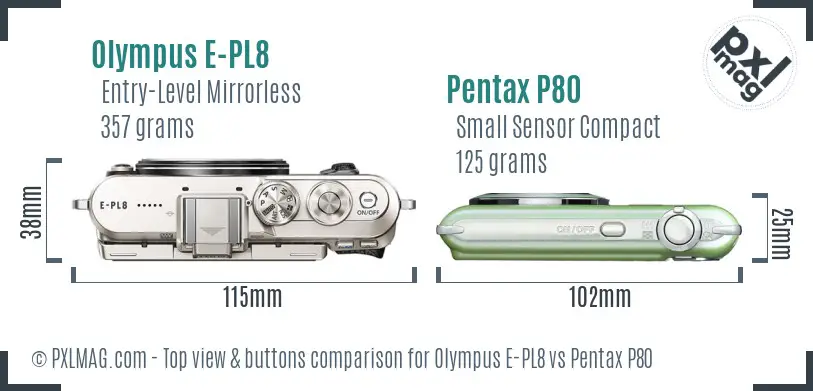 Olympus E-PL8 vs Pentax P80 top view buttons comparison