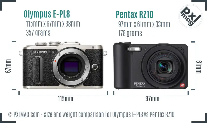 Olympus E-PL8 vs Pentax RZ10 size comparison