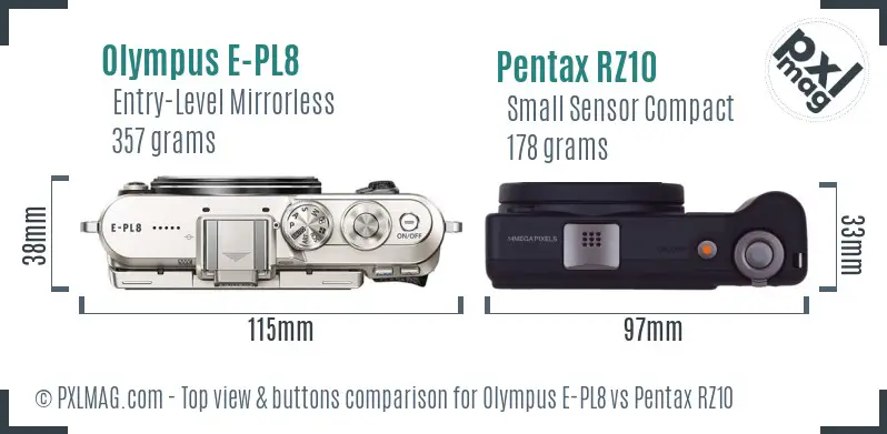 Olympus E-PL8 vs Pentax RZ10 top view buttons comparison