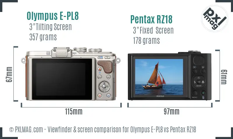 Olympus E-PL8 vs Pentax RZ18 Screen and Viewfinder comparison