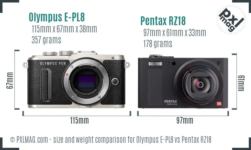 Olympus E-PL8 vs Pentax RZ18 size comparison