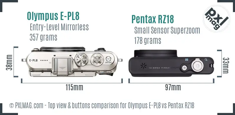 Olympus E-PL8 vs Pentax RZ18 top view buttons comparison
